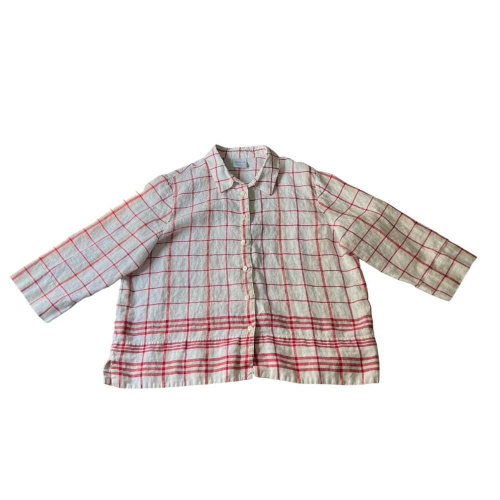 Westbound Mens XL Red White‎ Windowpane Plaid 100% Linen Button Down Shirt